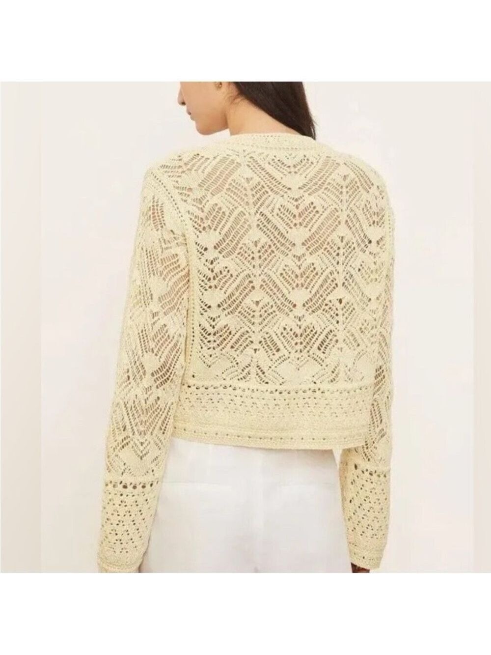 NWT. VINCE Lace Patchwork Pullover Organic Cotton Sweater in Pale Yellow size L - Picture 4 of 11